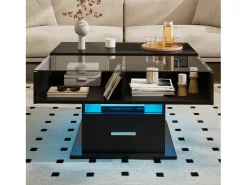 Discount Merax Mesa de centro elevatória - 78 x 78 x 45/59 cm - alto brilho com LEDs + 1 gaveta - aglomerado - Preto