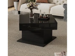 Clearance ModernLuxe Mesa de centro elevatória 70x70x45cm - Tampos giratórios 360° - com 1 gaveta - Armazenamento oculto - Acabamento brilhante - Preto