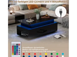 Mesa De Centro*Merax Mesa de centro elevatória - 96 x 45 x 40 cm - com arrumação oculta + 1 gaveta + LEDs - aglomerado - Preto