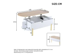 Mesa De Centro|ModernLuxe Mesa de centro elevatória 120x50x43 cm - com armazenamento - Pés de metal - MDF - Branco + Natural Natural claro / Branco