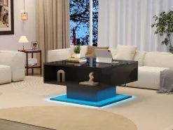 Clearance Merax Mesa de centro elevatória - 80 x 77 x 40 cm - elevação hidráulica - com armazenamento + LEDs - aglomerado - Preto
