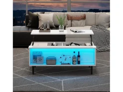 Outlet Merax Mesa de centro elevatória - 105 x 50 x 43 cm - com arrumação oculta + LEDs - Aglomerado + vidro temperado - Branco
