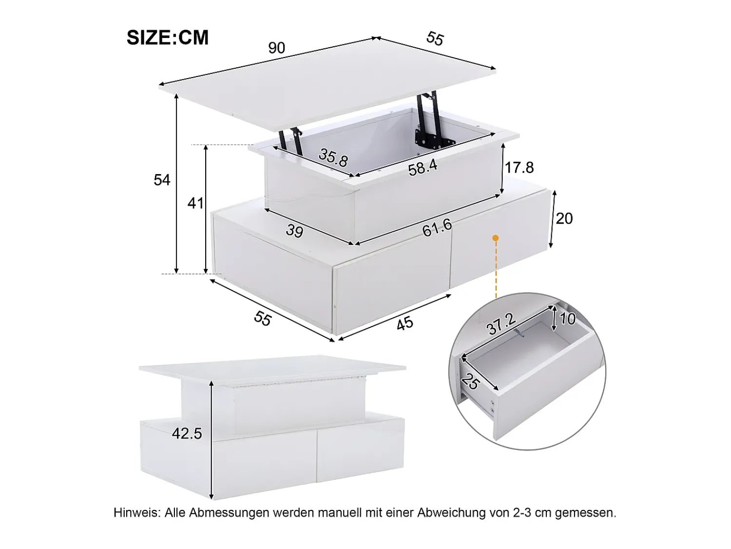 Hauss Spole Mesa de centro elevatória 90x55x41-54cm com 4 gavetas, corpo lacado , LED incluído^ Mesa De Centro