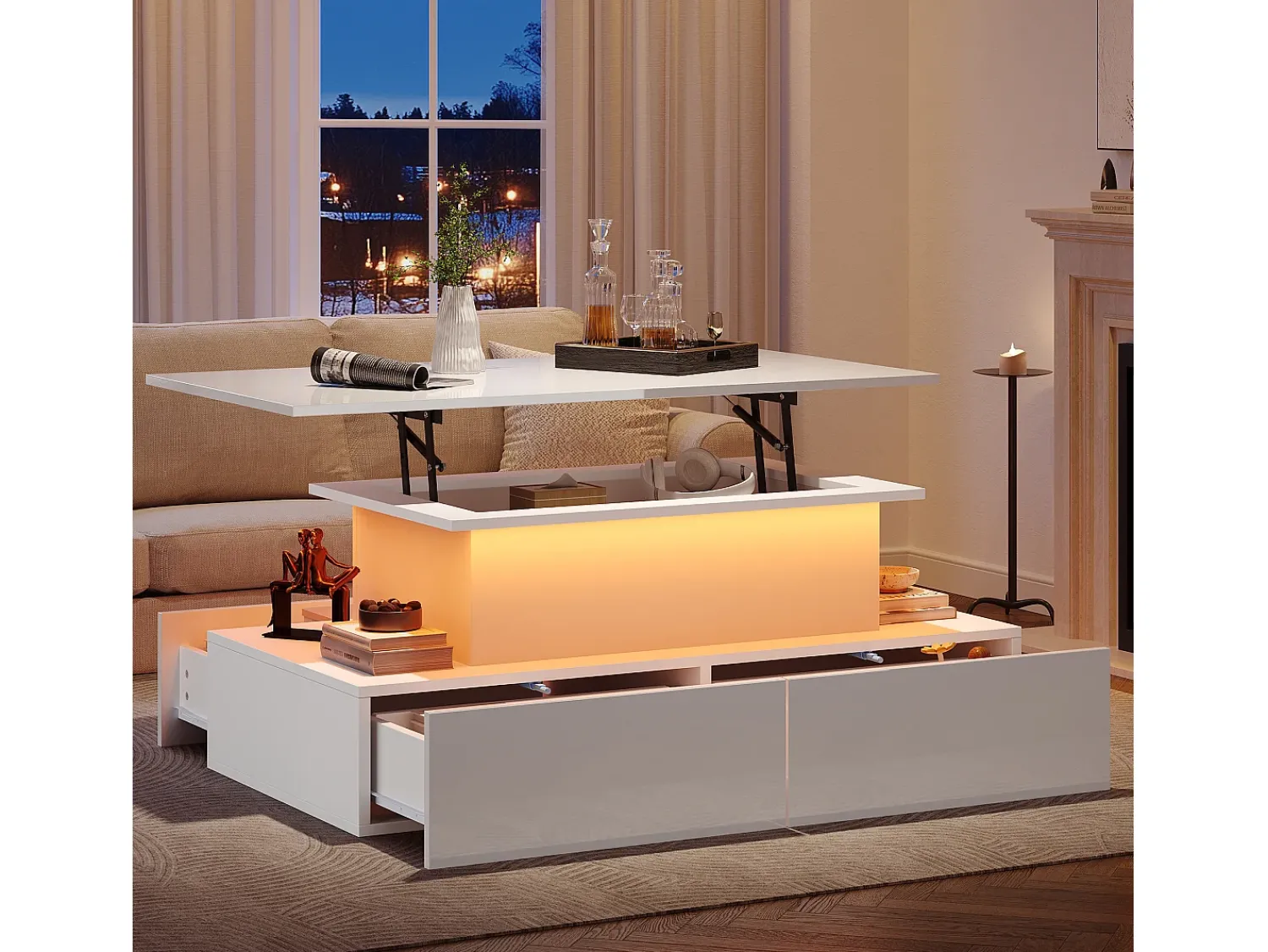 Hauss Spole Mesa de centro elevatória 90x55x41-54cm com 4 gavetas, corpo lacado , LED incluído^ Mesa De Centro