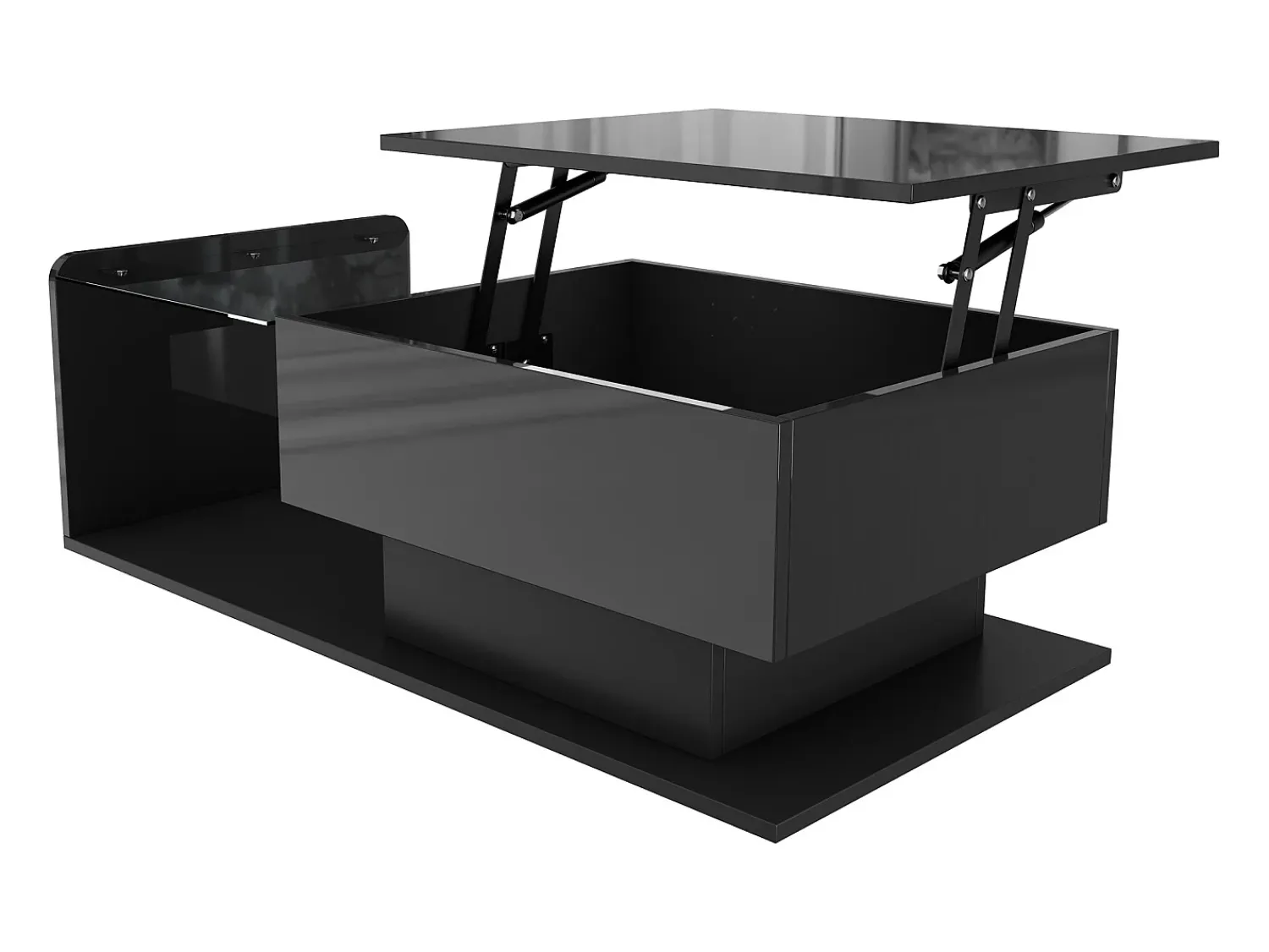 Mesa De Centro|Hauss Spole Mesa de centro elevatória preta com LED, tampo em vidro e arrumação 100x50x33/47,5cm Preto