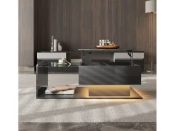 Mesa De Centro|Hauss Spole Mesa de centro elevatória preta com LED, tampo em vidro e arrumação 100x50x33/47,5cm Preto