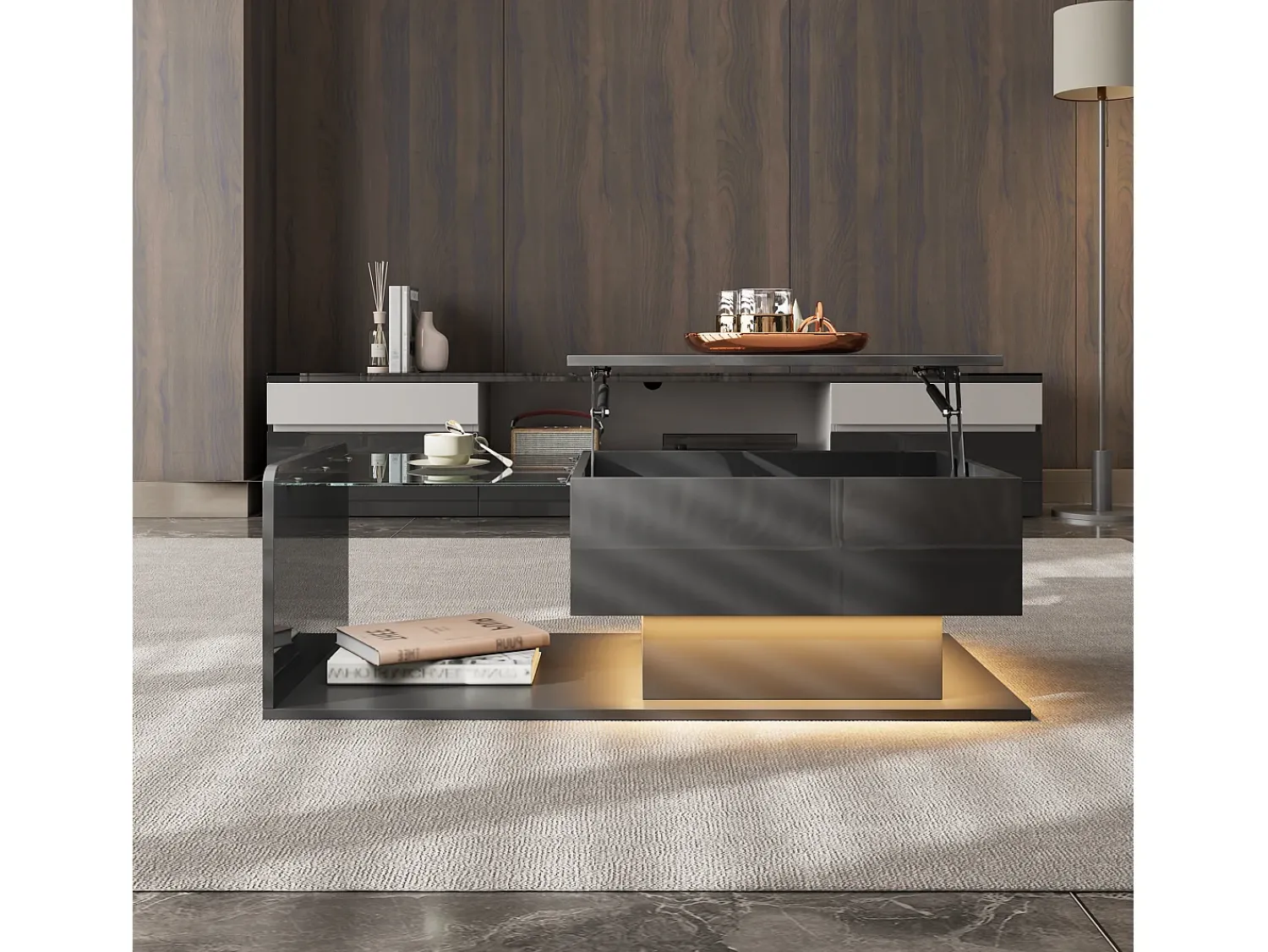 Mesa De Centro|Hauss Spole Mesa de centro elevatória preta com LED, tampo em vidro e arrumação 100x50x33/47,5cm Preto