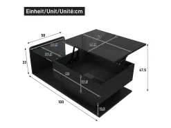 Mesa De Centro|Hauss Spole Mesa de centro elevatória preta com LED, tampo em vidro e arrumação 100x50x33/47,5cm Preto