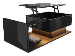 Mesa De Centro|Hauss Spole Mesa de centro elevatória preta com LED, tampo em vidro e arrumação 100x50x33/47,5cm Preto