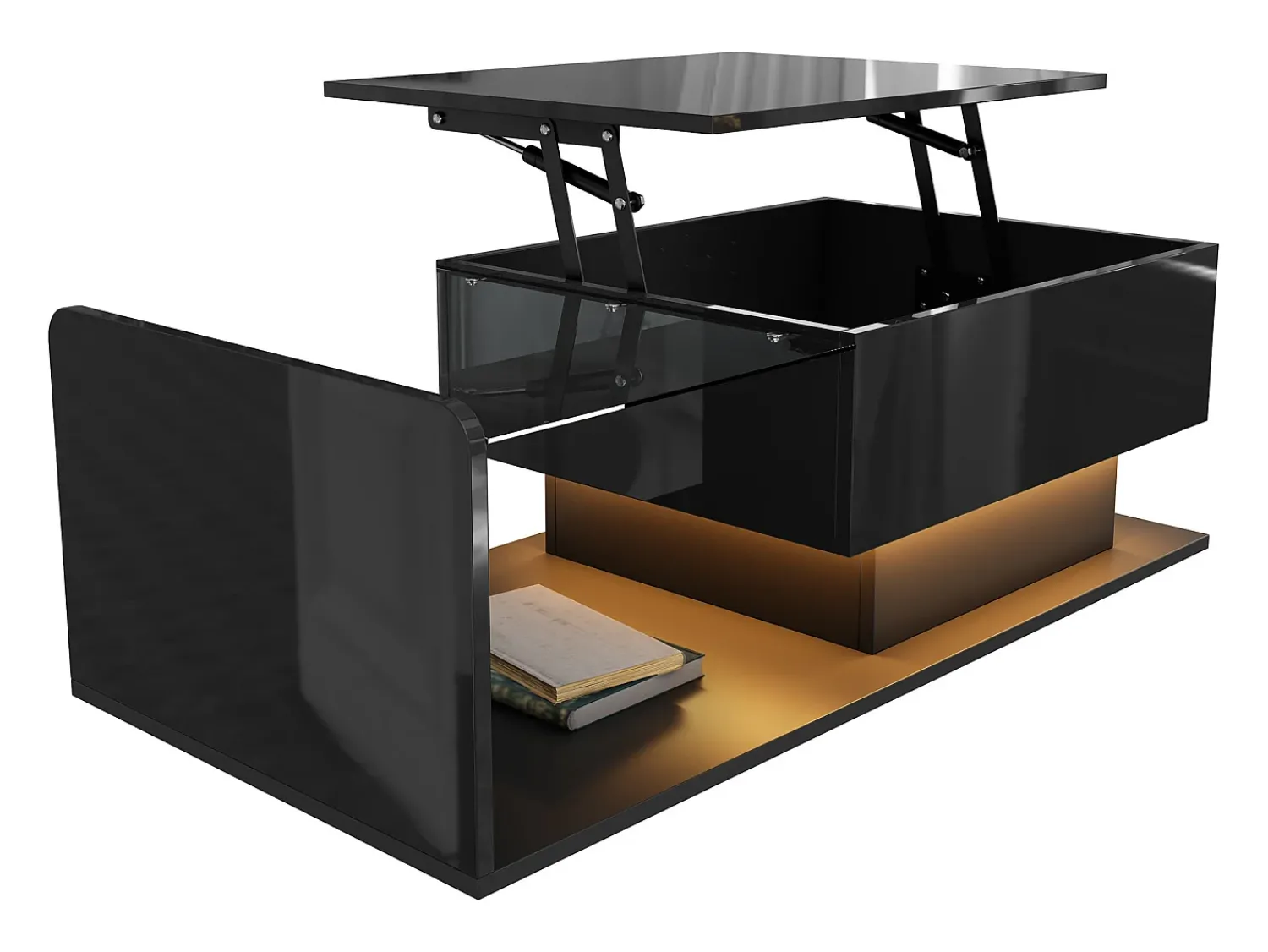 Mesa De Centro|Hauss Spole Mesa de centro elevatória preta com LED, tampo em vidro e arrumação 100x50x33/47,5cm Preto