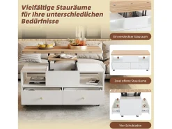 Merax Mesa de centro elevatória - 100 x 50 x 47,5 cm - com função dobrável + 4 gavetas + rodízios - MDF - natural^ Mesa De Centro