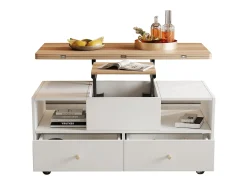 Merax Mesa de centro elevatória - 100 x 50 x 47,5 cm - com função dobrável + 4 gavetas + rodízios - MDF - natural^ Mesa De Centro