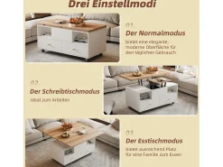 Merax Mesa de centro elevatória - 100 x 50 x 47,5 cm - com função dobrável + 4 gavetas + rodízios - MDF - natural^ Mesa De Centro