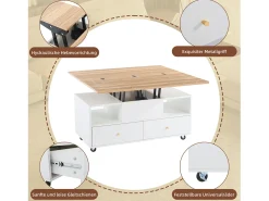 Merax Mesa de centro elevatória - 100 x 50 x 47,5 cm - com função dobrável + 4 gavetas + rodízios - MDF - natural^ Mesa De Centro
