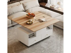 Merax Mesa de centro elevatória - 100 x 50 x 47,5 cm - com função dobrável + 4 gavetas + rodízios - MDF - natural^ Mesa De Centro