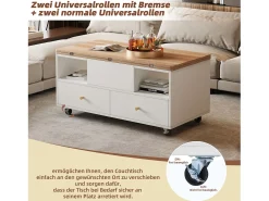 Merax Mesa de centro elevatória - 100 x 50 x 47,5 cm - com função dobrável + 4 gavetas + rodízios - MDF - natural^ Mesa De Centro