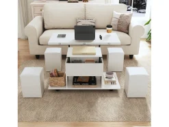 Mesa De Centro|Merax Mesa de centro elevatória com 4 bancos e 2 mesas - 100 x 50 x 48 cm - Aglomerado - Branco