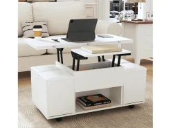 Mesa De Centro|Merax Mesa de centro elevatória com 4 bancos e 2 mesas - 100 x 50 x 48 cm - Aglomerado - Branco