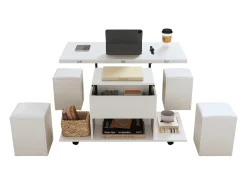 Mesa De Centro|Merax Mesa de centro elevatória com 4 bancos e 2 mesas - 100 x 50 x 48 cm - Aglomerado - Branco