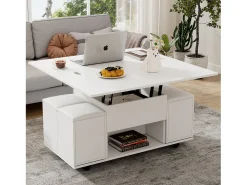 Mesa De Centro|Merax Mesa de centro elevatória com 4 bancos e 2 mesas - 100 x 50 x 48 cm - Aglomerado - Branco
