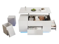 Mesa De Centro|Merax Mesa de centro elevatória 4 em 1 - 100 x 50 x 45 cm - com LEDs + 2 gavetas + 2 bancos - aglomerado - Branco