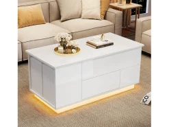 Mesa De Centro|Merax Mesa de centro elevatória 4 em 1 - 100 x 50 x 45 cm - com LEDs + 2 gavetas + 2 bancos - aglomerado - Branco