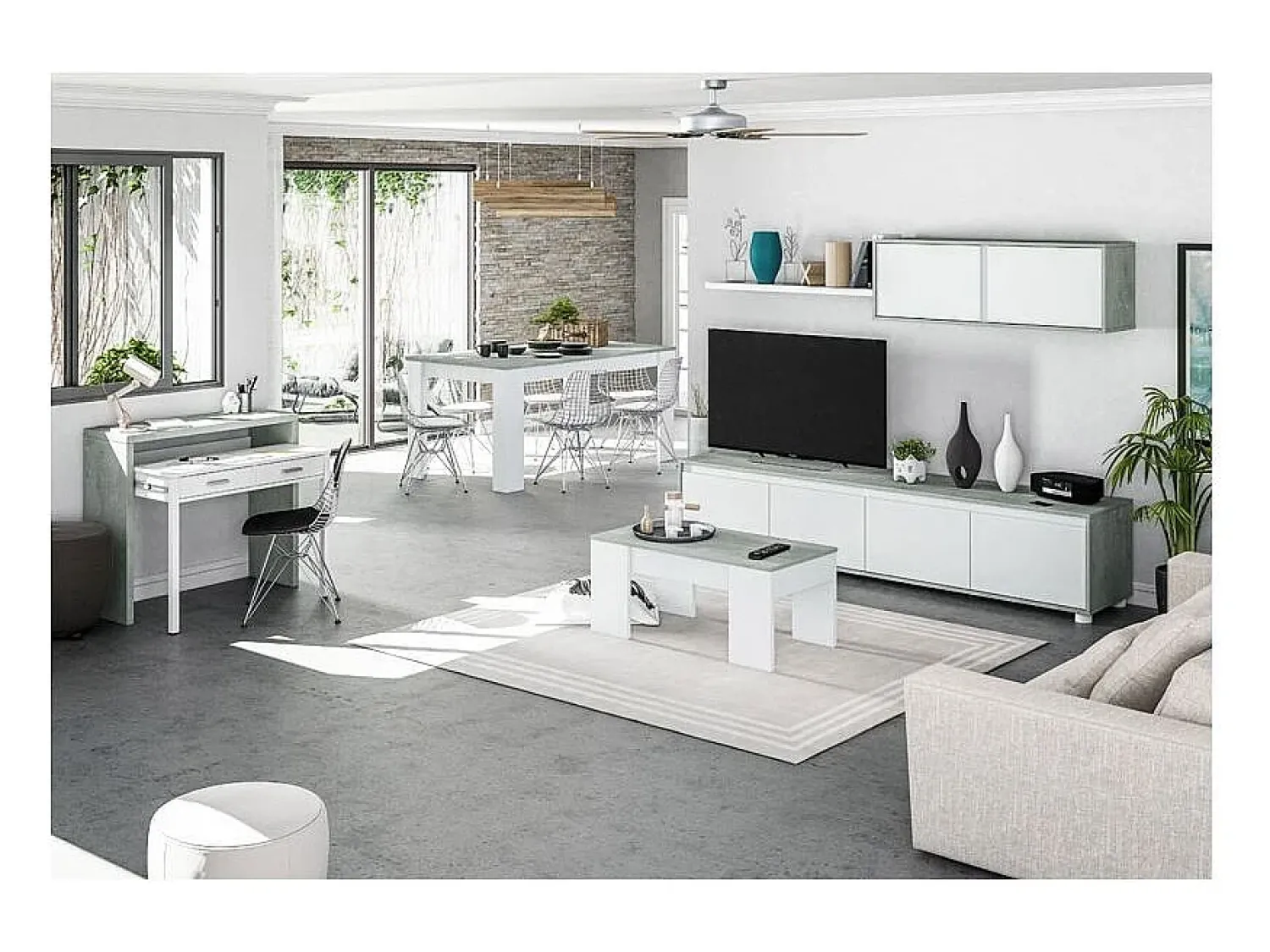 Mesa De Centro|Loungitude Mesa de centro elevatória Artik de cimento branco com pés de melamina, 100x50x45 cm Cinzento