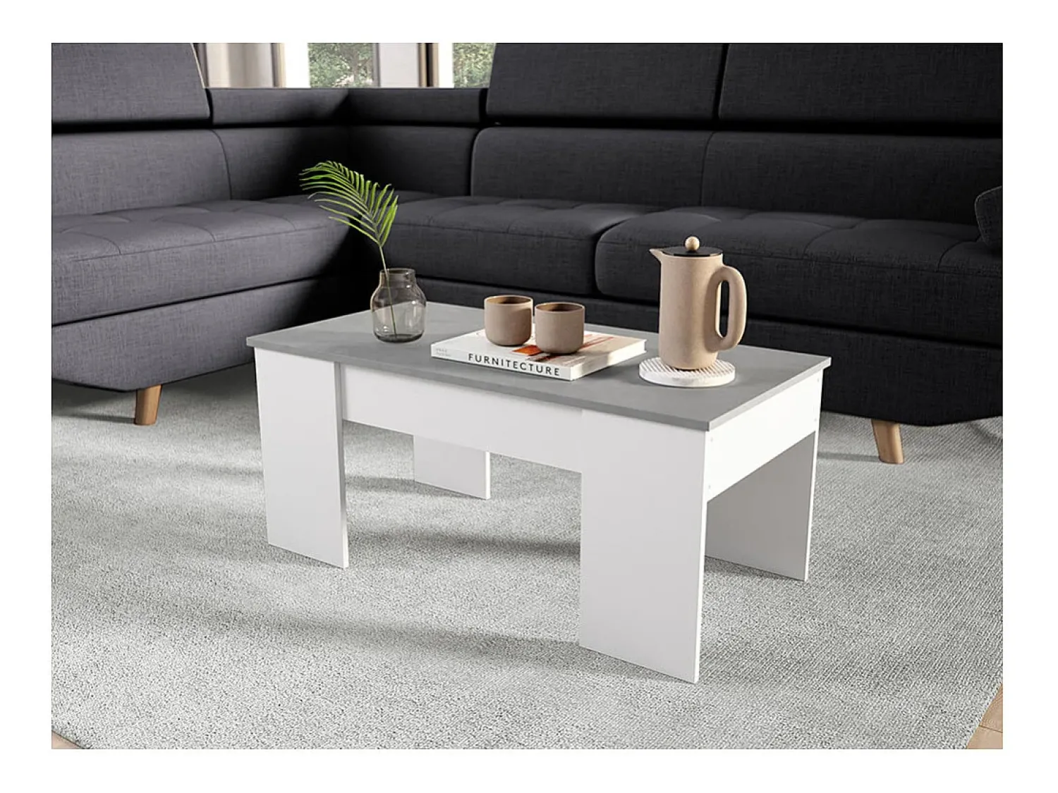Mesa De Centro|Loungitude Mesa de centro elevatória Artik de cimento branco com pés de melamina, 100x50x45 cm Cinzento