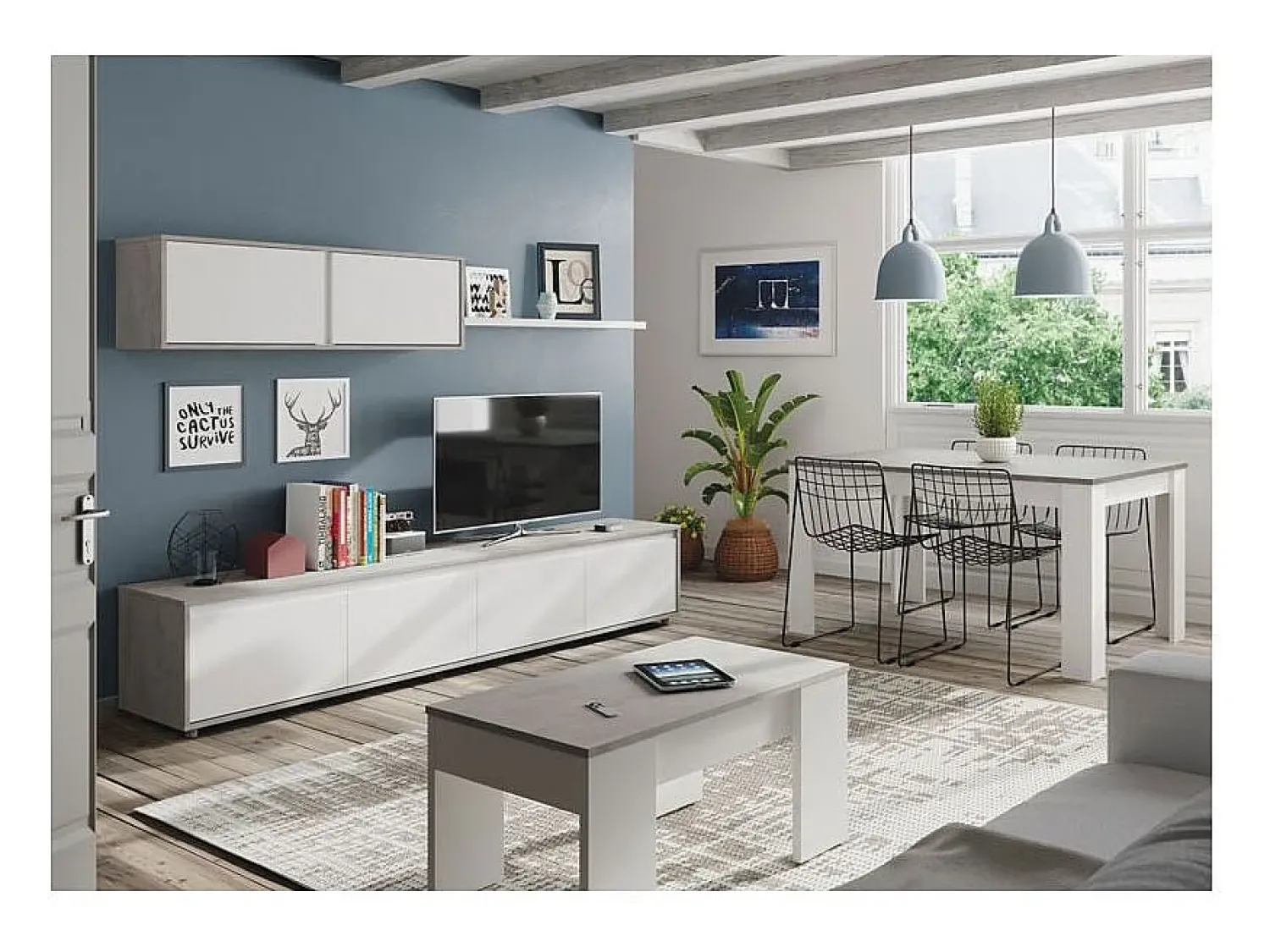 Mesa De Centro|Loungitude Mesa de centro elevatória Artik de cimento branco com pés de melamina, 100x50x45 cm Cinzento