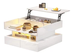 Mesa De Centro*ModernLuxe Mesa de centro elevatória 80x80x45 cm - 2 gavetas - com LED - Acabamento brilhante - Vidro temperado - Branco