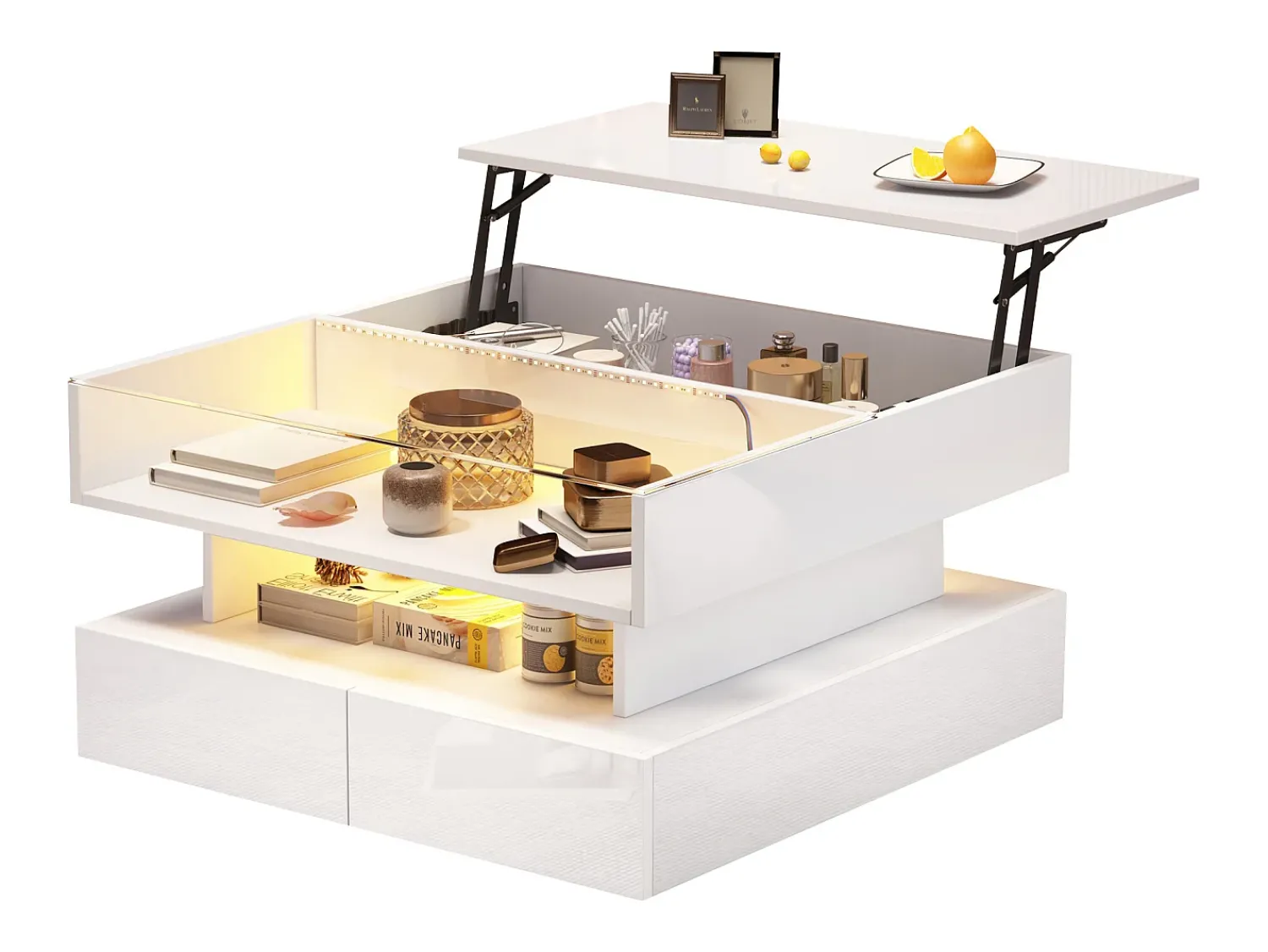Mesa De Centro*ModernLuxe Mesa de centro elevatória 80x80x45 cm - 2 gavetas - com LED - Acabamento brilhante - Vidro temperado - Branco