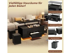 Online Merax Mesa de centro elevatória 4 em 1 - 100 x 50 x 45 cm - com LEDs + 2 gavetas + 2 bancos - aglomerado - Preto