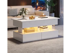 Mesa De Centro*Merax Mesa de centro elevatória - 120 x 50 x 46 cm - armazenamento oculto + LEDs + 2 gavetas - MDF + vidro temperado - Branco
