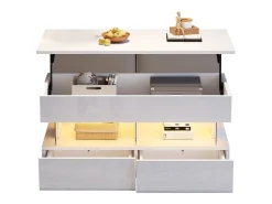 Mesa De Centro*Merax Mesa de centro elevatória - 120 x 50 x 46 cm - armazenamento oculto + LEDs + 2 gavetas - MDF + vidro temperado - Branco