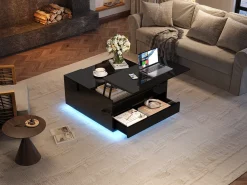 Merax Mesa de centro elevatória para sala de estar - 70 x 70 x 38 cm - com LEDs + 1 gaveta + portas sanfonadas - aglomerado -^ Mesa De Centro