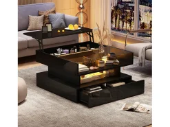 Online ModernLuxe Mesa de centro elevatória 80x80x45 cm - 2 gavetas - com LED - Acabamento brilhante - Vidro temperado - Preto