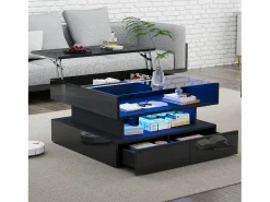 Clearance Merax Mesa de centro elevatória - 80 x 80 x 45 cm - com arrumação oculta + 2 gavetas + LEDs - aglomerado + vidro temperado - Preto