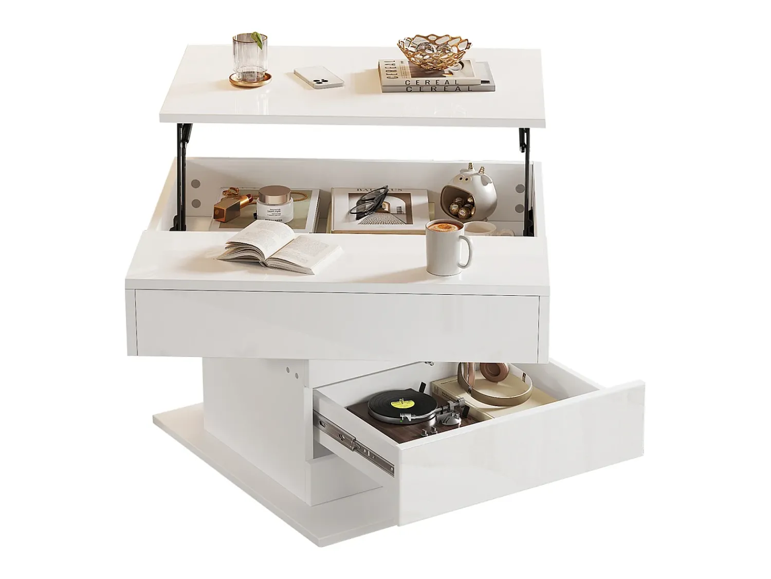 Mesa De Centro*ModernLuxe Mesa de centro elevatória 70x70x45cm - Tampos giratórios 360° - com 1 gaveta - Armazenamento oculto - Acabamento brilhante - Branco