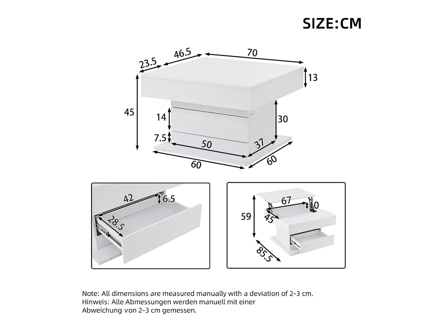 Mesa De Centro*ModernLuxe Mesa de centro elevatória 70x70x45cm - Tampos giratórios 360° - com 1 gaveta - Armazenamento oculto - Acabamento brilhante - Branco