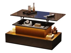 Hot Merax Mesa de centro elevatória - 90 x 55 x 41 cm - moderna em alto brilho com LEDs + 4 gavetas - aglomerado - Preto