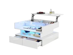 Merax Mesa de centro elevatória - 80 x 80 x 45 cm - com arrumação oculta + 2 gavetas + LEDs - aglomerado + vidro temperado -^ Mesa De Centro