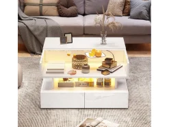 Merax Mesa de centro elevatória - 80 x 80 x 45 cm - com arrumação oculta + 2 gavetas + LEDs - aglomerado + vidro temperado -^ Mesa De Centro