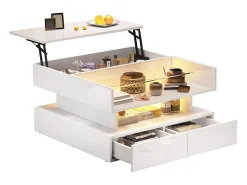 Merax Mesa de centro elevatória - 80 x 80 x 45 cm - com arrumação oculta + 2 gavetas + LEDs - aglomerado + vidro temperado -^ Mesa De Centro