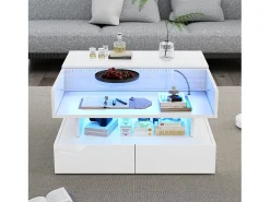 Merax Mesa de centro elevatória - 80 x 80 x 45 cm - com arrumação oculta + 2 gavetas + LEDs - aglomerado + vidro temperado -^ Mesa De Centro