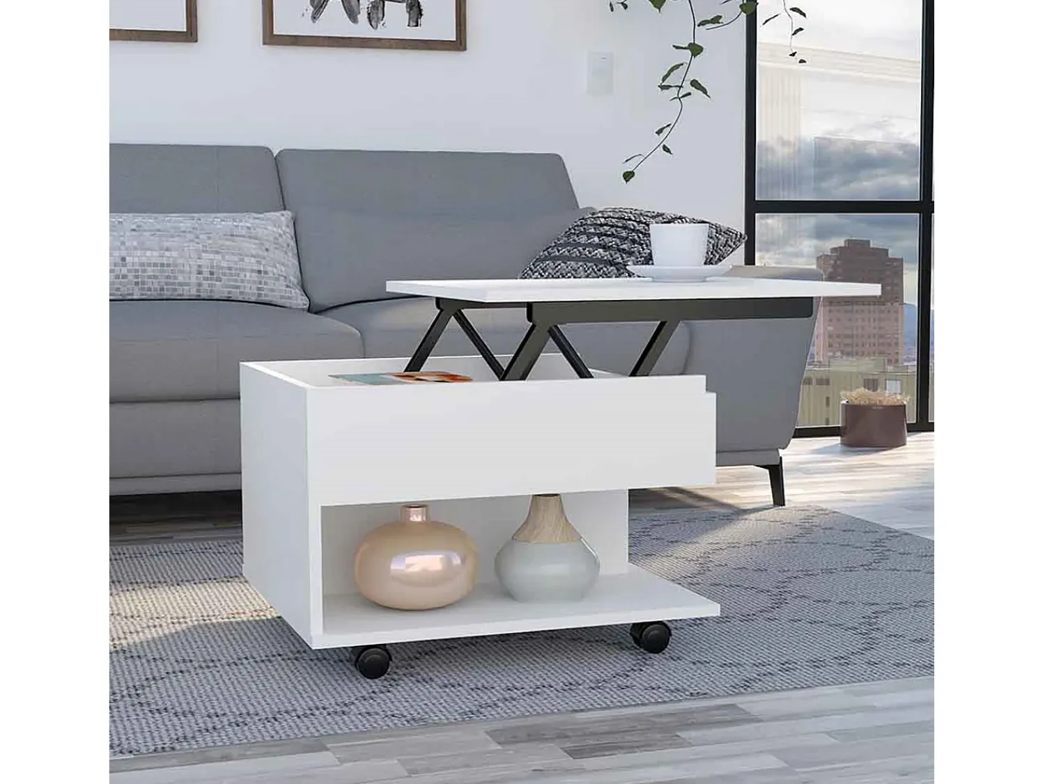 Discount TuHome Mesa de centro elevatória Luanda, com rodízios, 38.86 cm X 54.86 cm X 49.78 cm , Branco