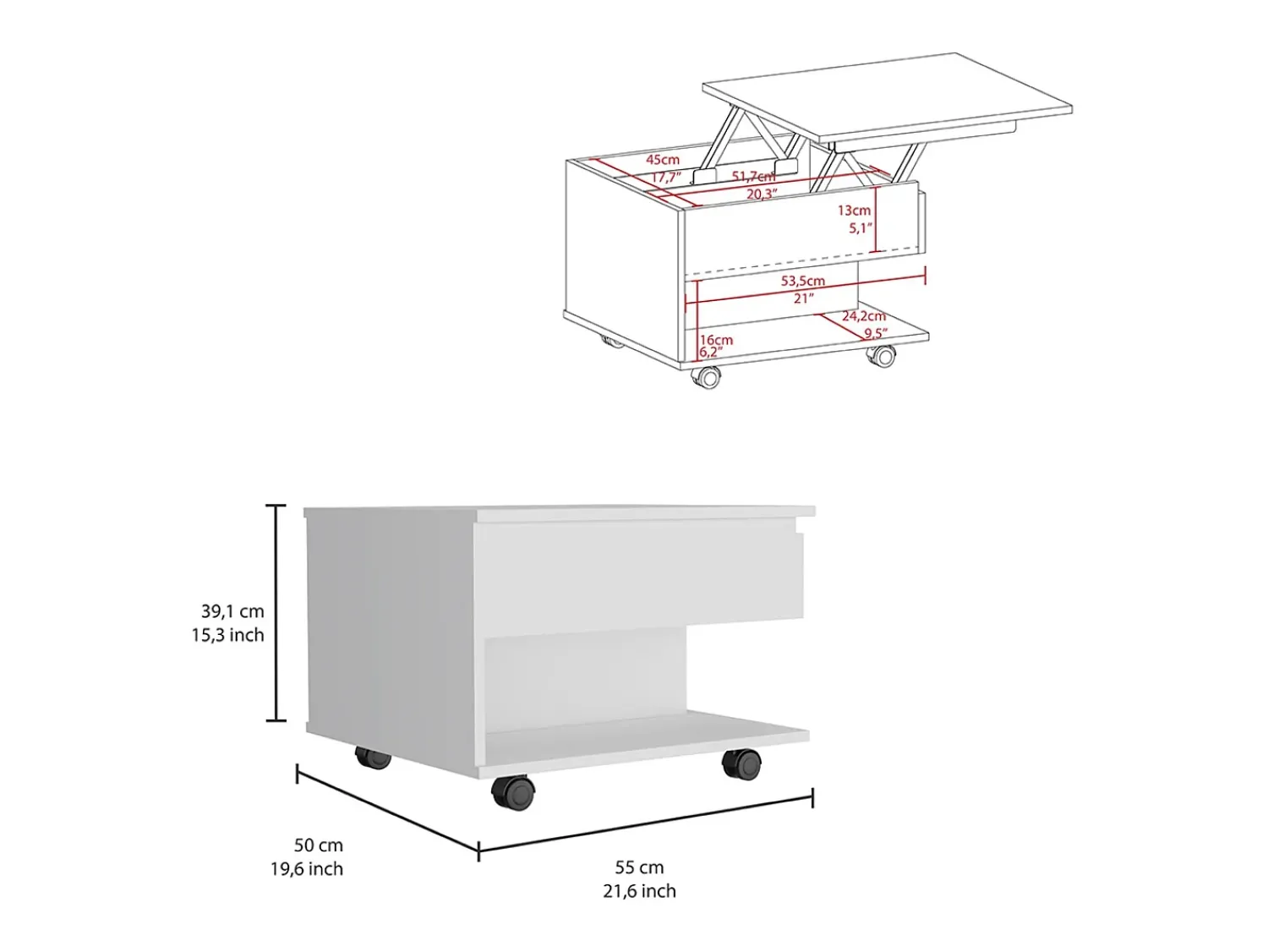 Discount TuHome Mesa de centro elevatória Luanda, com rodízios, 38.86 cm X 54.86 cm X 49.78 cm , Branco