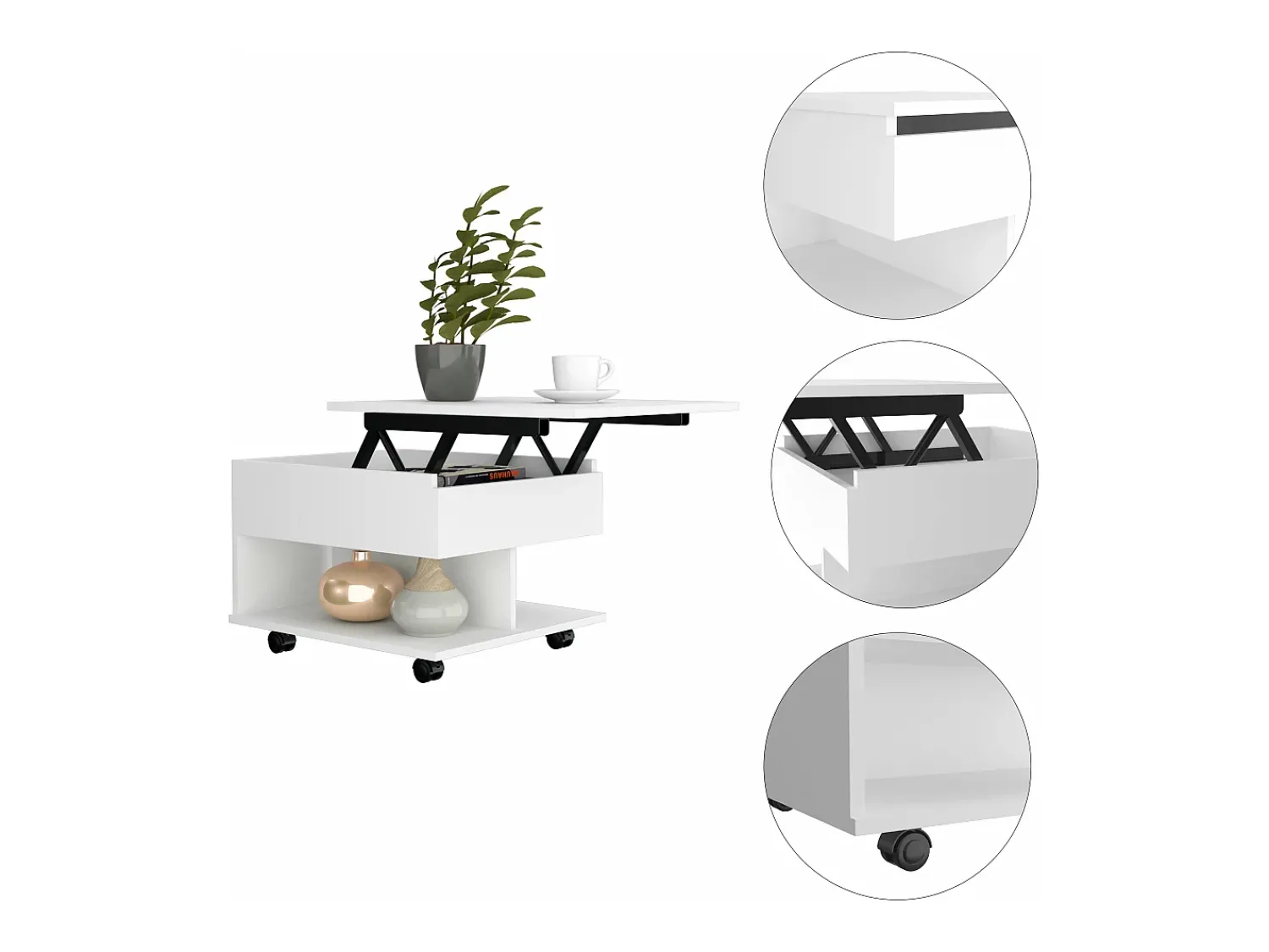 Discount TuHome Mesa de centro elevatória Luanda, com rodízios, 38.86 cm X 54.86 cm X 49.78 cm , Branco