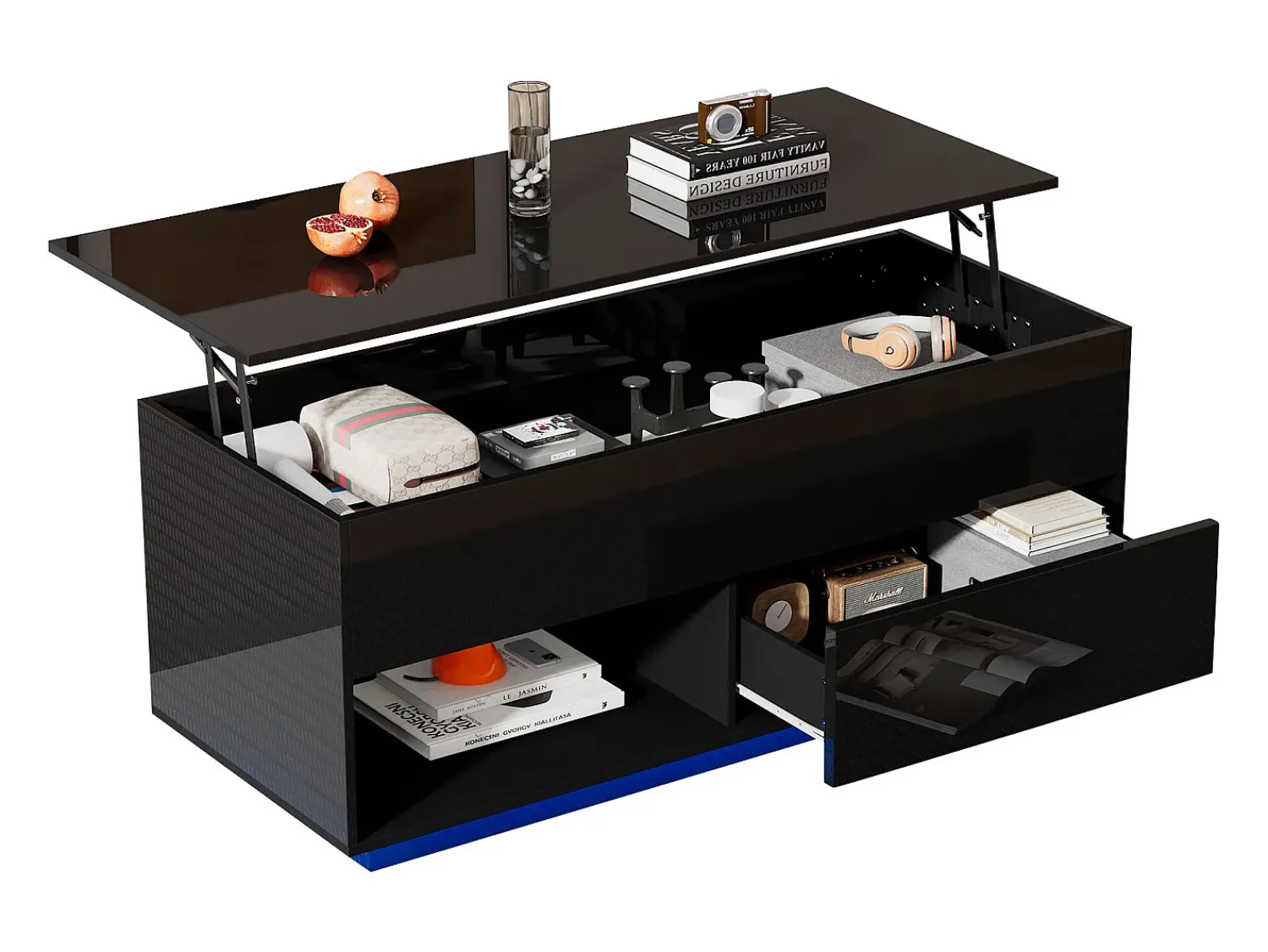 New ModernLuxe Mesa de centro elevável com LED - com arrumação - efeito brilhante - Preto
