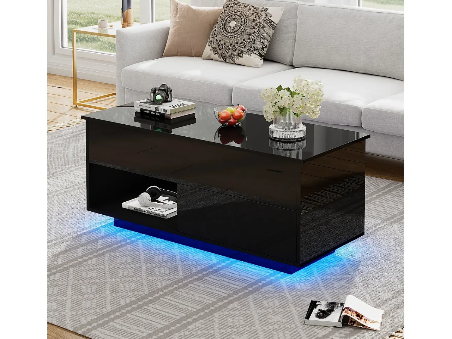 New ModernLuxe Mesa de centro elevável com LED - com arrumação - efeito brilhante - Preto