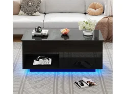 New ModernLuxe Mesa de centro elevável com LED - com arrumação - efeito brilhante - Preto